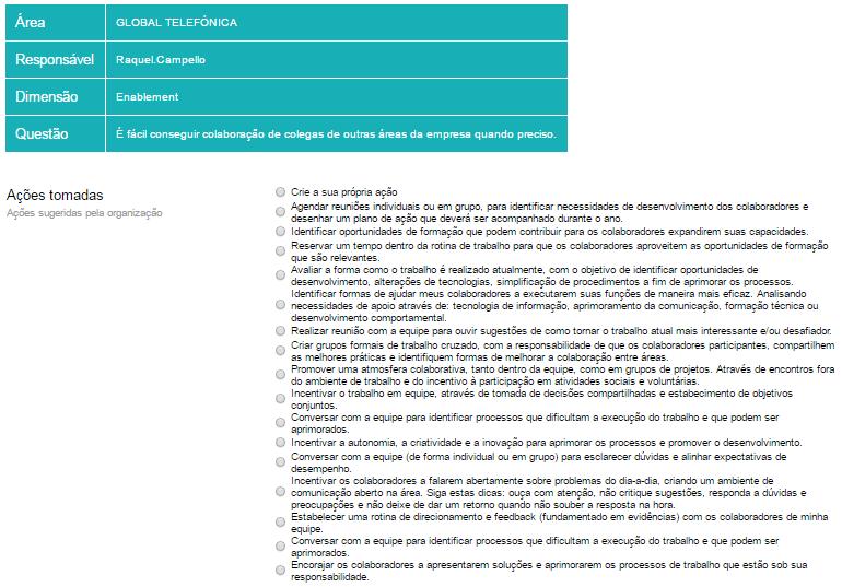 Planos de ação Criar plano Área da hierarquia na qual o plano será trabalhado [nome de usuário] Responsável pelo plano Dimensão da questão Questão sobre a qual o plano será criado Sugestões de