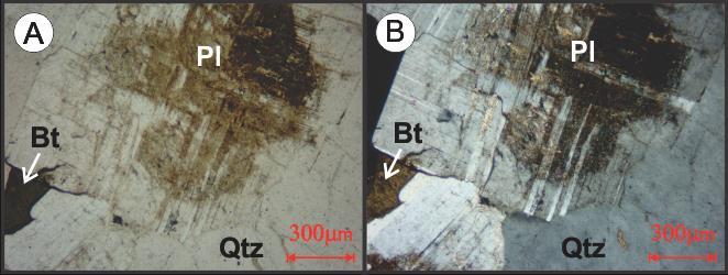 Figura 26. Fotomicrografias de cristais de oligoclásio sericitizado em contato com quartzo anedral e biotita.