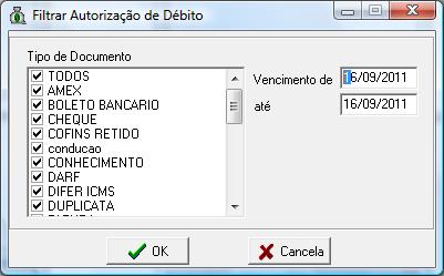 nto: Valor: 35 Valor da fatura. 1.2.6 Autorização de Débito 1.2.6.1 Emissão Esta rotina permite a emissão de autorização de títulos a serem debitados.