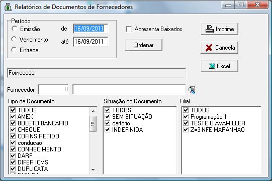 Pagamento: Quebra: Ordenar: Classificação Financeira: Fornecedor: Conta Corrente: 51 Opção para determinar o tipo de agrupamento para apresentação das informações no relatório por: Fornecedor,