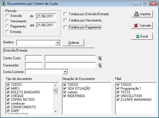 Fornecedor: Tipo Documento: Situação Documento: Filial: 1.4.2.4 52 Opção para imprimir os documentos somente para um Fornecedor determinado.