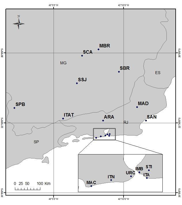 22 Mapa 4: Mapa da Região Sudeste do Brasil localizando as 15 áreas de levantamentos florísticos em afloramentos rochosos utilizados na análise de similaridade florística.