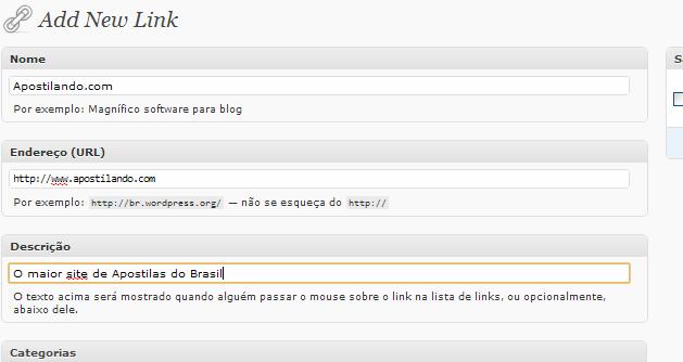 Preencha os dados do novo link.