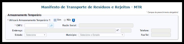 Primeiramente selecione a opção Novo MTR. Ao selecionar o Novo MTR você será encaminhado para a tela de preenchimento dos dados do MTR a ser emitido.