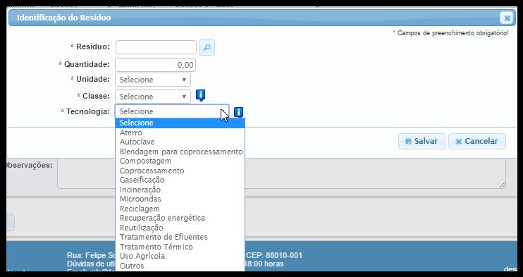 Conselho Profissional) e sua assinatura; Indicar se deseja utilizar um Gerador já cadastrado no Sistema MTR (neste caso as informações cadastrais serão automaticamente inseridas); CNPJ ou CPF e os