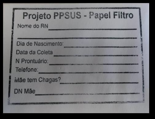 Estas amostras de sangue seco em papel filtro foram guardadas em um envelope de identificação, com um questionário preenchido com informações sobre a mãe e sobre a criança durante o processo de