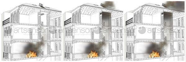 Simulação de um incêndio num edifício com desenfumagem.