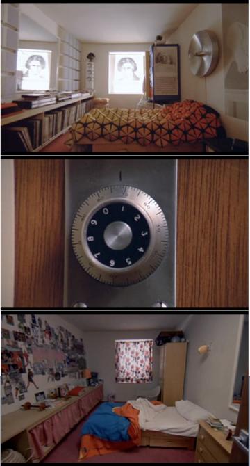 É interessante a escolha de direção de arte da trava da porta de Alex (que está sempre trancado em seu quarto) ser uma que assemelhe-se tanto a uma de um cofre (ela é circular e giratória com números