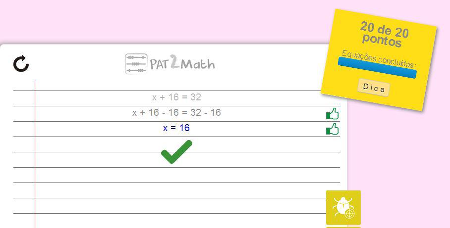 A seguir serão apresentadas algumas telas do Sistema web PAT2Math. Na Figura 1 é apresentada a equação x + 16 = 32 para resolução. A pontuação máxima a ser alcançada nessa equação é 20 pontos.