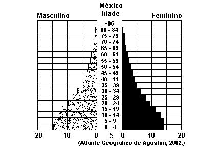 Observe a pirâmide populacional do México. Leia as frases seguintes. I. A base mais larga indica a necessidade de investimentos em educação. II.