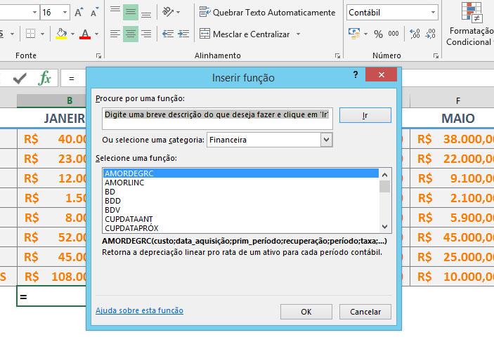 Você irá escolher a função a ser inserida e, ao clicar em OK, uma caixa de diálogo se abrirá
