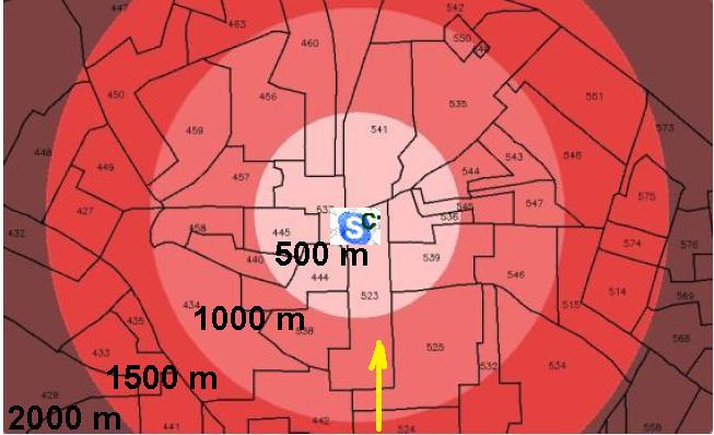 Figura 3: Isócotas e setores censitários Para o cálculo da densidade demográfica no interior do círculo de raio de 500 metros, p. ex.