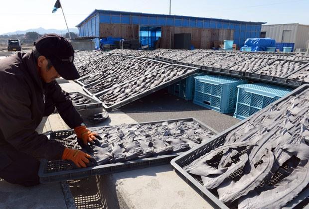 Foto mostra pescador secando partes