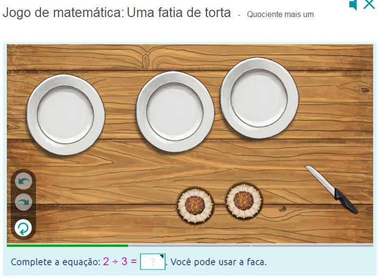 6 Di ga: Por favor leiam as instruções na parte inferior da tela. Os alunos podem ler as instruções. Di ga: Nós precisamos completar a equação 2 3 =. Nós podemos usar os bolos, os pratos, e a faca.