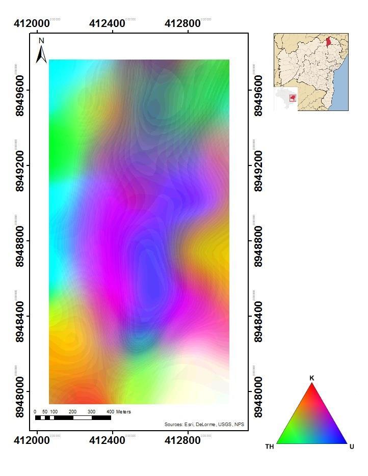 MAPEAMENTO DE CORPOS MÁFICOS-ULTRAMÁFICOS COM AEROGAMAESPECTROMETRIA 4 baixas concentrações (cores mais escuras) formando um lineamento norte-sul na porção central da área do estudo.