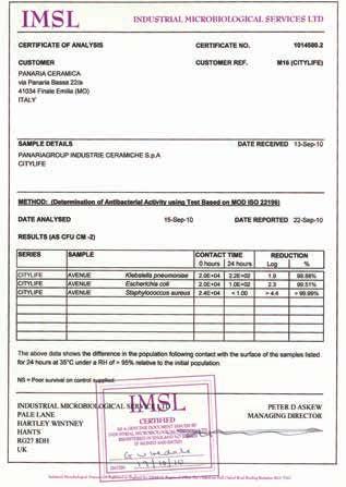 APLICAÇÕES TESTADAS RIGOROSAMENTE Para confirmar a eficácia antibacteriana, a Panariagroup e a Microban utilizam tanto o laboratório microbiológico interno da Microban, como laboratórios externos