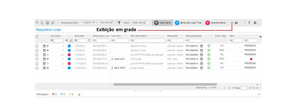 Console de solicitação de compra seção da barra de ferramentas: essa seção exibe várias opções disponíveis para os usuários, como Salvar, Reverter, Filtrar e assim por diante.