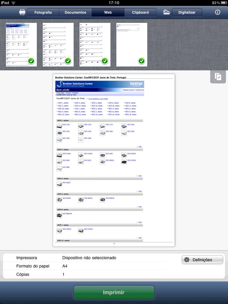 Impressão Os marcadores e o histórico de navegação de outros web browsers no seu equipamento móvel não se encontram disponíveis. c A página web é apresentada. Toque em Pré-visualizar impr.