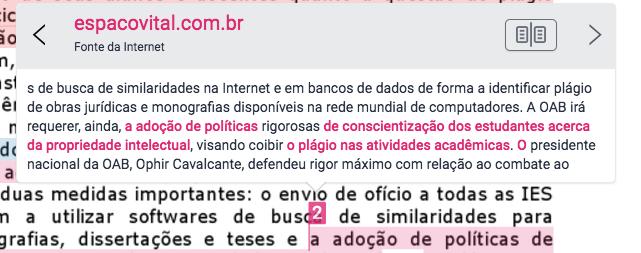 2. Parecerá uma janela no documento, mostrando o texto original) correspondente identificado em vermelho.