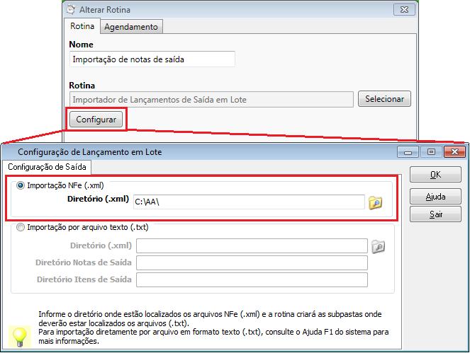 Neste exemplo, a importação Configurar o diretório de localização dos arquivos, para importação.