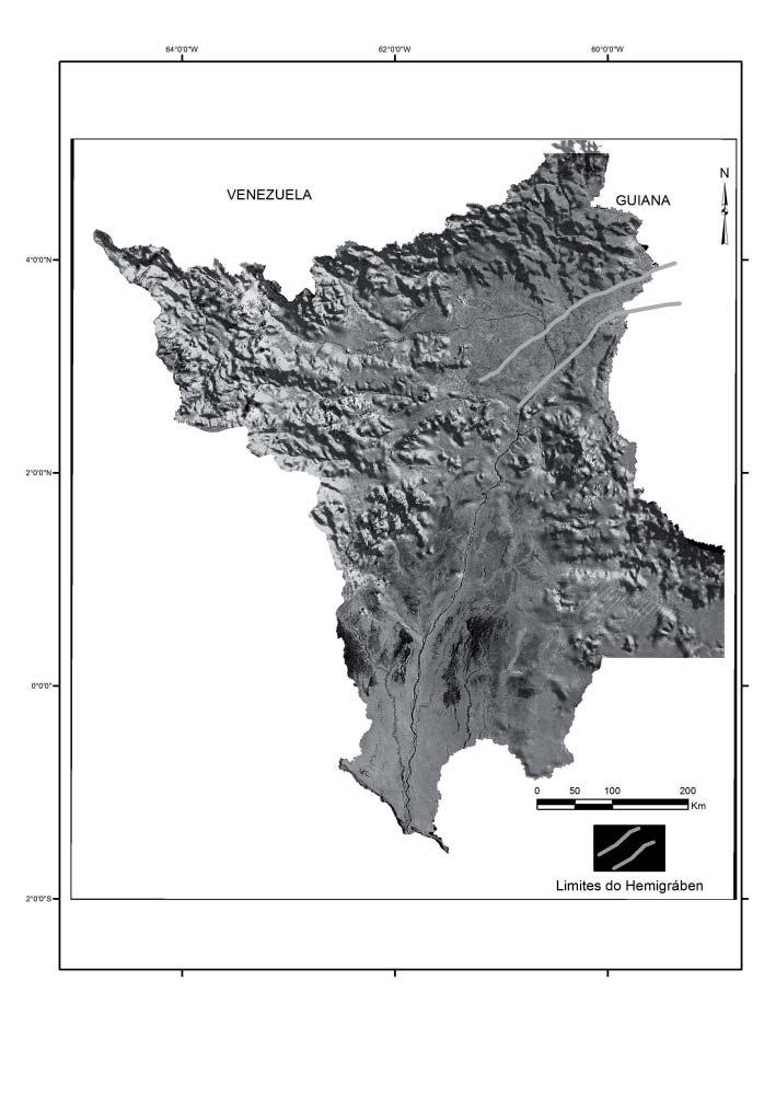 Compartimentação morfotectônica e implicações de evolução do relevo do Hemigráben do Tacutu no Estado de Roraima Figura 1 - Mosaico de imagem raster (SRTM) do Estado de Roraima com a localização do