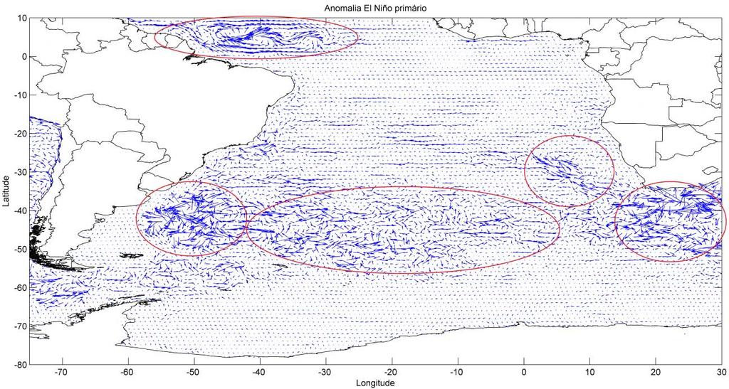 Figura 5: Anomalia de correntes do El Niño em relação ao dado controle.