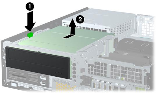 10. Pressione para baixo o botão verde de retenção de unidade localizado na lateral esquerda da unidade para soltá-la do compartimento (1).