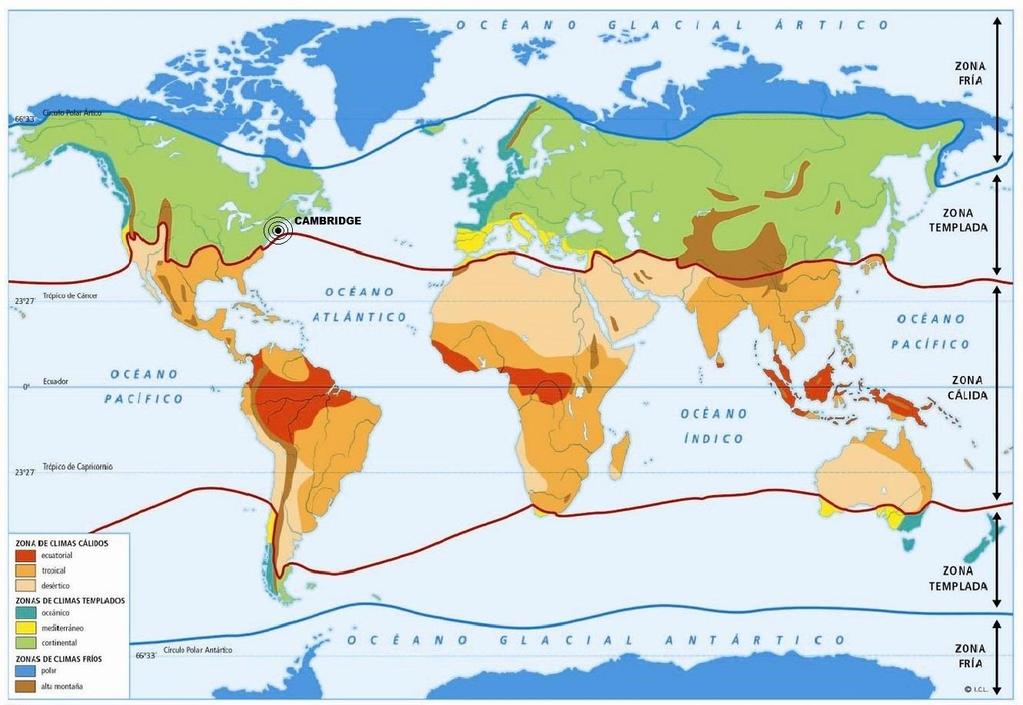 Cambridge está localizada no Clima Temperado Continental, ou também chamado clima Mediterrâneo.