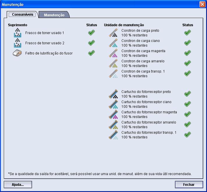 2 Manutenção na interface com o usuário A seleção de Manutenção na interface com o usuário abre uma janela que exibe o status de cada consumível.