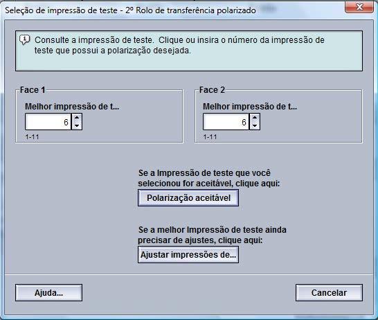 Selecione o botão 2º Rolo de transferência polarizado Impr. de teste. A janela Configuração de impressão de teste - 2º Rolo de transferência polarizado é aberta. 8.