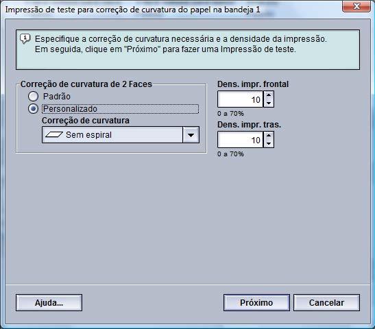 Correção de curvatura de 1 face voltada para baixo: Selecione Padrão ou no menu suspenso Personalizado, selecione a configuração que melhor descreva os problemas de curvatura contidos na saída. Dens.