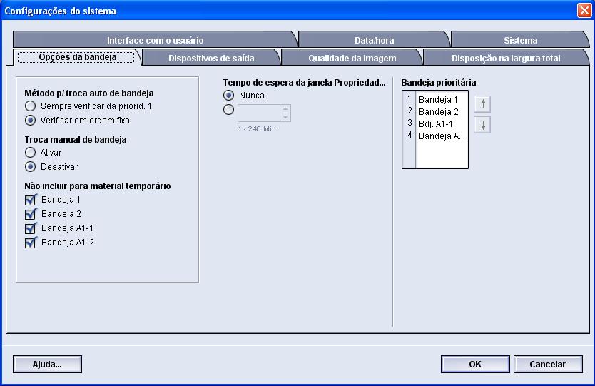 Configurações do sistema Opções da bandeja Use esta função para alterar as configurações padrão de fábrica para: Sincronismo p/ troca auto.