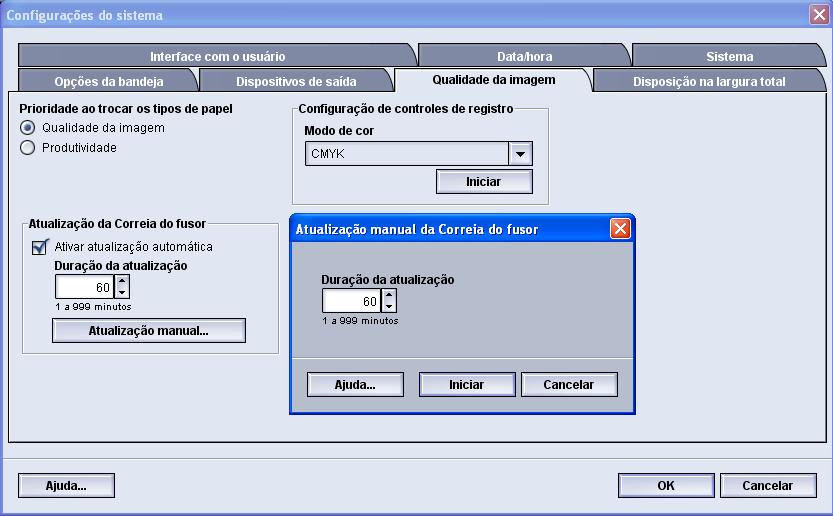 Configurações do sistema Modo de atualização do fusor Use a opção Atualização da Correia do fusor para executar uma atualização da correia do fusor quando o sistema apresentar defeitos de qualidade