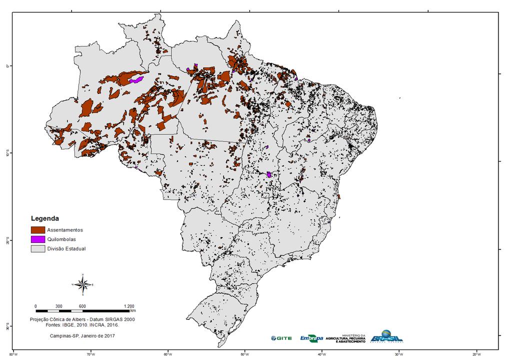 ASSENTAMENTOS DA REFORMA AGRÁRIA + QUILOMBOLAS Assentamentos Área de 88.410.217 ha 9.349 assentamentos 10% do Brasil Quilombolas Área de 2.720.