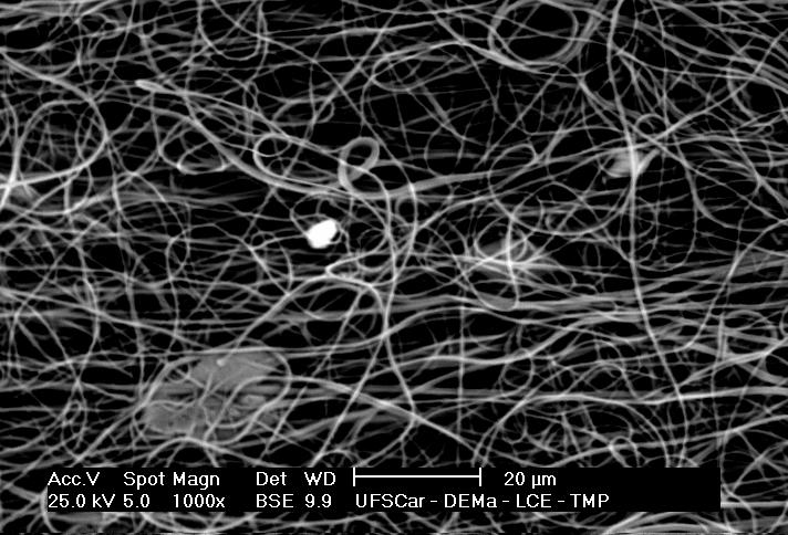Figura 7- Micrografias da manta (a e b) e do filme (c) com 2% em peso de nanopartículas de prata-dióxido de titânio Pode-se observar que neste caso são formados agregados de