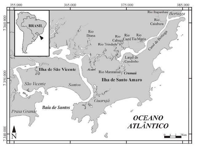 Revisão Bibliográfica Figura 2.4: Baía de Santos, sistema estuarino de Santos São Vicente e canal da Bertioga 69. A espécie de peixe escolhida foi a Achirus lineatus (Figura 2.