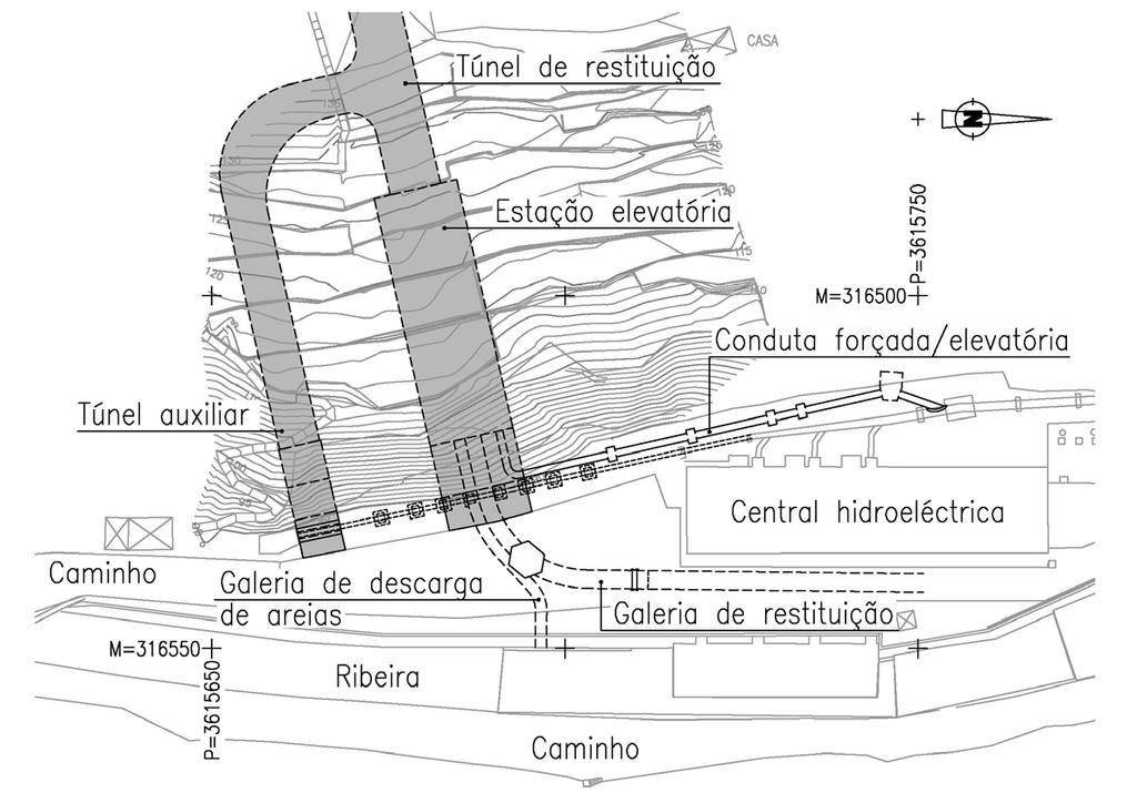 Figura 1 Planta geral do aproveitamento Na Figura 2 apresenta-se o alçado dos emboquilhamentos na base da encosta, podendo ver-se o túnel auxiliar e a metade superior da estação elevatória