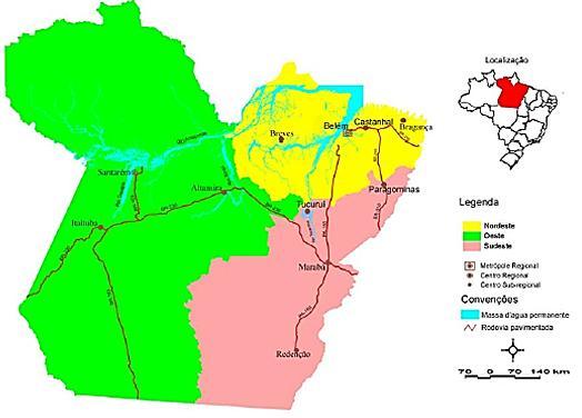 Figura 1. Mesorregiões do Estado do Pará. Fonte: Silva; Silva (2008) O Sudeste Paraense está localizado entre 4 e 6 de latitude Sul e 48 e 51 de Longitude Oeste (SDT, 2010), com uma área de 297.