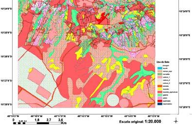 Classe de uso do solo Quantidade Área Total Zona homóloga de feições (km 2 ) Açude 52 0,09 Fundo de vale e platô Cerradão 91 2,85 Vertentes Mata de galeria 417 13,55 Fundo de vale Campo sujo 728