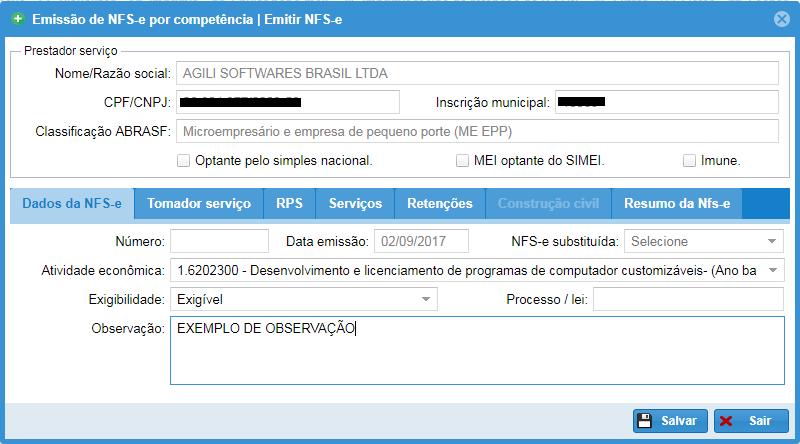 1.4 EMISSÃO DE NFS-E POR COMPETÊNCIA a) Para emissão de Nota Fiscal Eletrônica de Serviços, é utilizada a aplicação Emissão de NFS-e por competência, na primeira guia Dados da NFS-e é