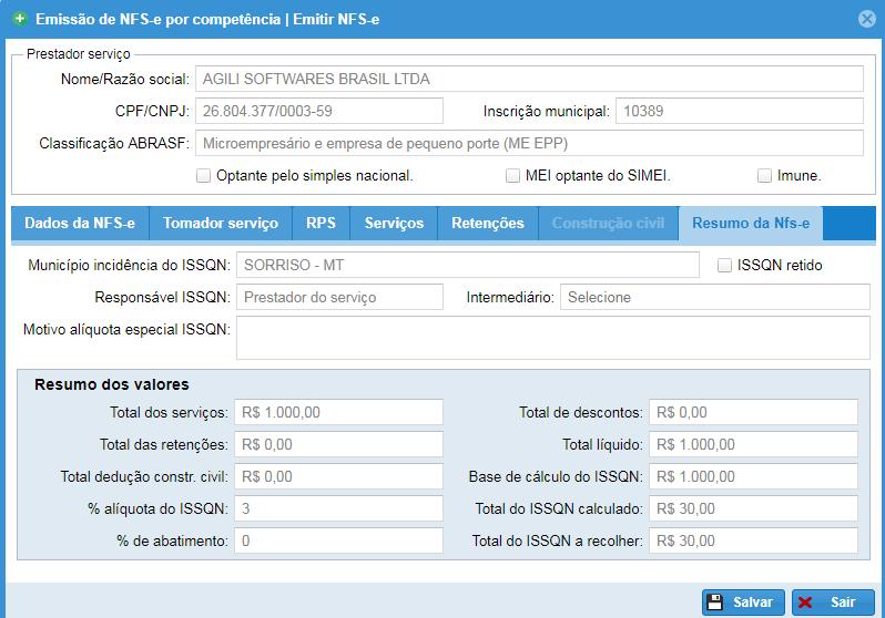 quantidade de valor total de material de construção civil.