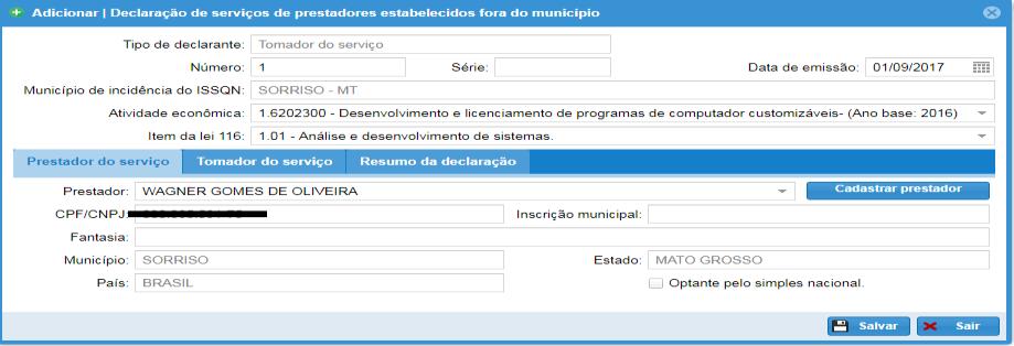 1.7 DECLARAÇÃO DE SERVIÇOS DE PRESTADORES ESTABELECIDOS FORA DO MUNICÍPIO.