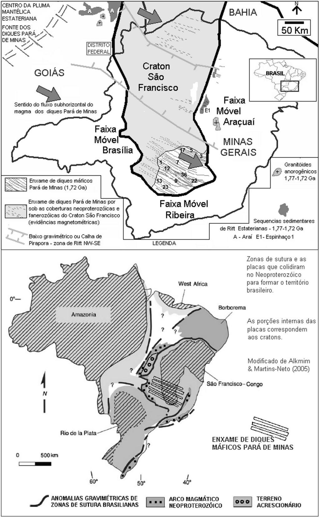 45 Figura 1. Panorama geológico associado ao Enxame de diques máficos Pará de Minas. As amostras de diques estudadas estão numeradas na porção superior da figura.