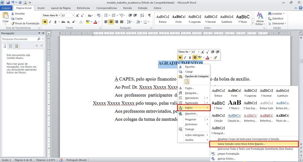 3. Selecione a primeira seção dos elementos pré-textuais (agradecimentos), clique com