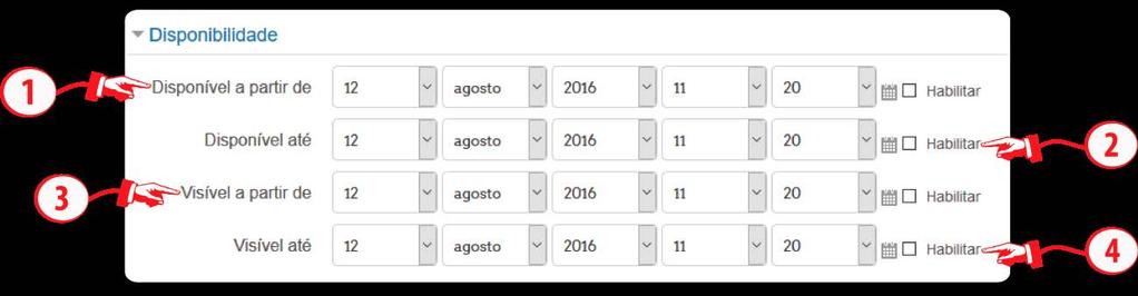 Figura 4 Configuração de Disponibilidade 4. Configuração de Nota Categoria de nota: controla a categoria na qual as notas da atividade são inseridas no livro de notas.