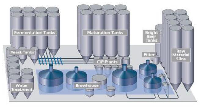 18 área de filtração para localização dos filtros, sistemas de carbonatação e tanques de pressão para armazenamento. Figura 1 Planta de uma indústria cervejeira. (MEDEIROS, 2010). 3.4.1. Matérias Primas A elaboração do mosto é o primeiro passo da fabricação de cerveja, utilizando-se para essa produção as matérias primas: água, malte de cevada, adjuntos não malteados e lúpulo.