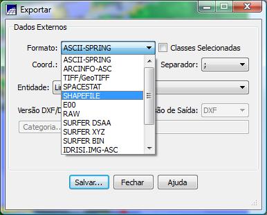 shapefile Etapa 2: Exportar o mapa temático criado a partir da classificação em formato 9. No menu principal do SPRING clique em: a. Arquivo, b. Exportar, c. Exportar Dados Vetoriais e Matriciais d.