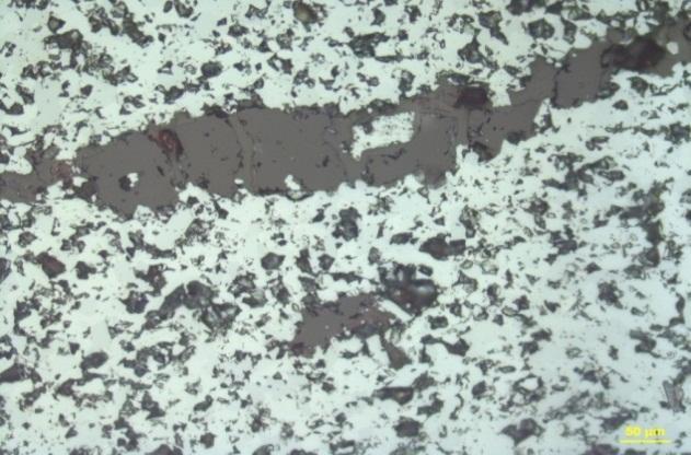 A amostra de itabirito, MCF-08, possui cerca de 45% de minerais opacos, representados, principalmente, por grãos finos e inequigranulares de hematita lamelar.