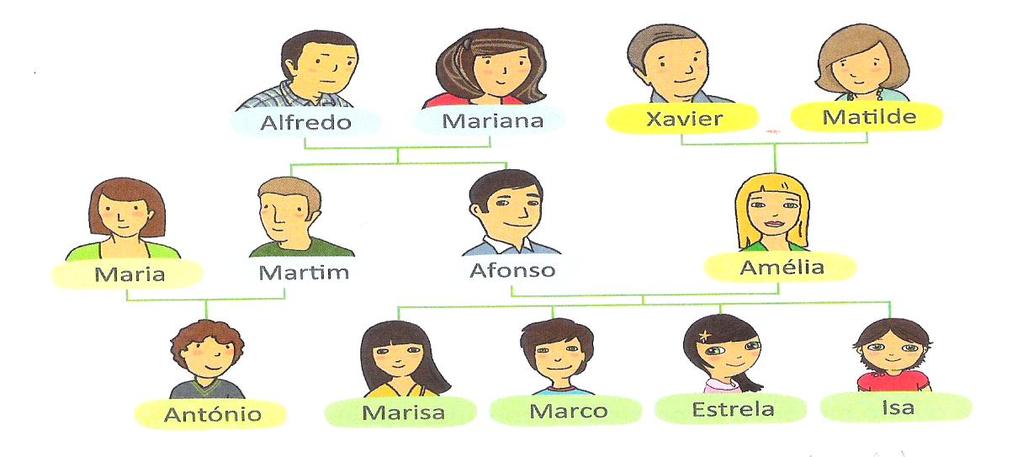 Grupo II 5 Observa a árvore genealógica e completa as afirmações. a) Os pais da Estrela são o e a. b) O é o avô materno da Estrela. c) O irmão do pai da Estrela é o. d) O é primo da Estrela.