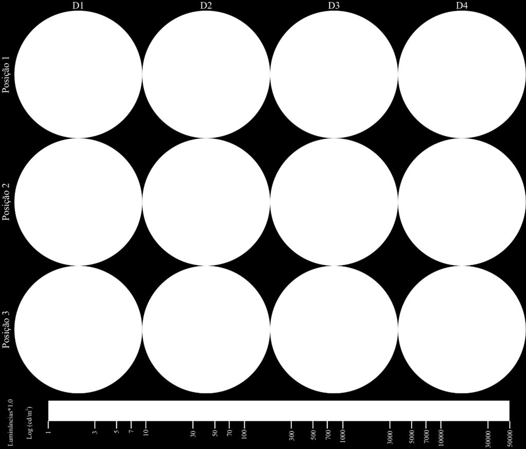 A Figura 4 contém os mapas de luminâncias gerados pelo Photolux, para as três posições e as quatro direções da visão do observador estudado, sob as condições do cenário 1.